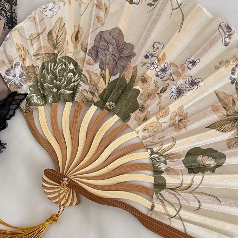 Chinese Floral Folding Hand Fan with Tassel for Wedding Decor