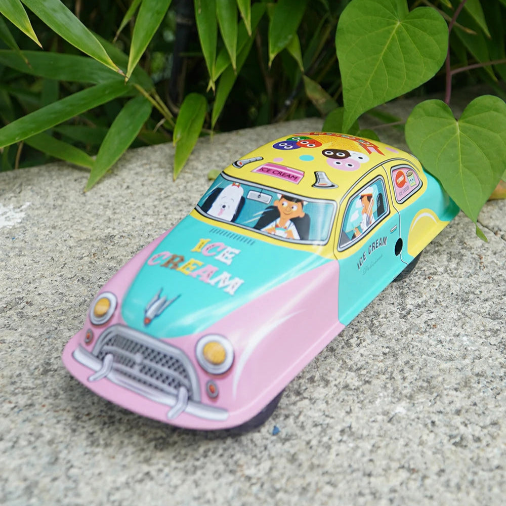 Vintage Yellow Wind-Up Tin Car Retro Collectible Toy Model Gift