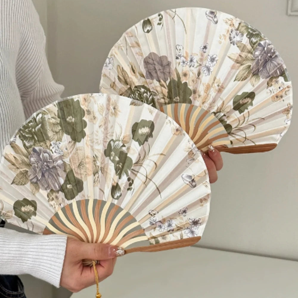 Chinese Floral Folding Hand Fan with Tassel for Wedding Decor