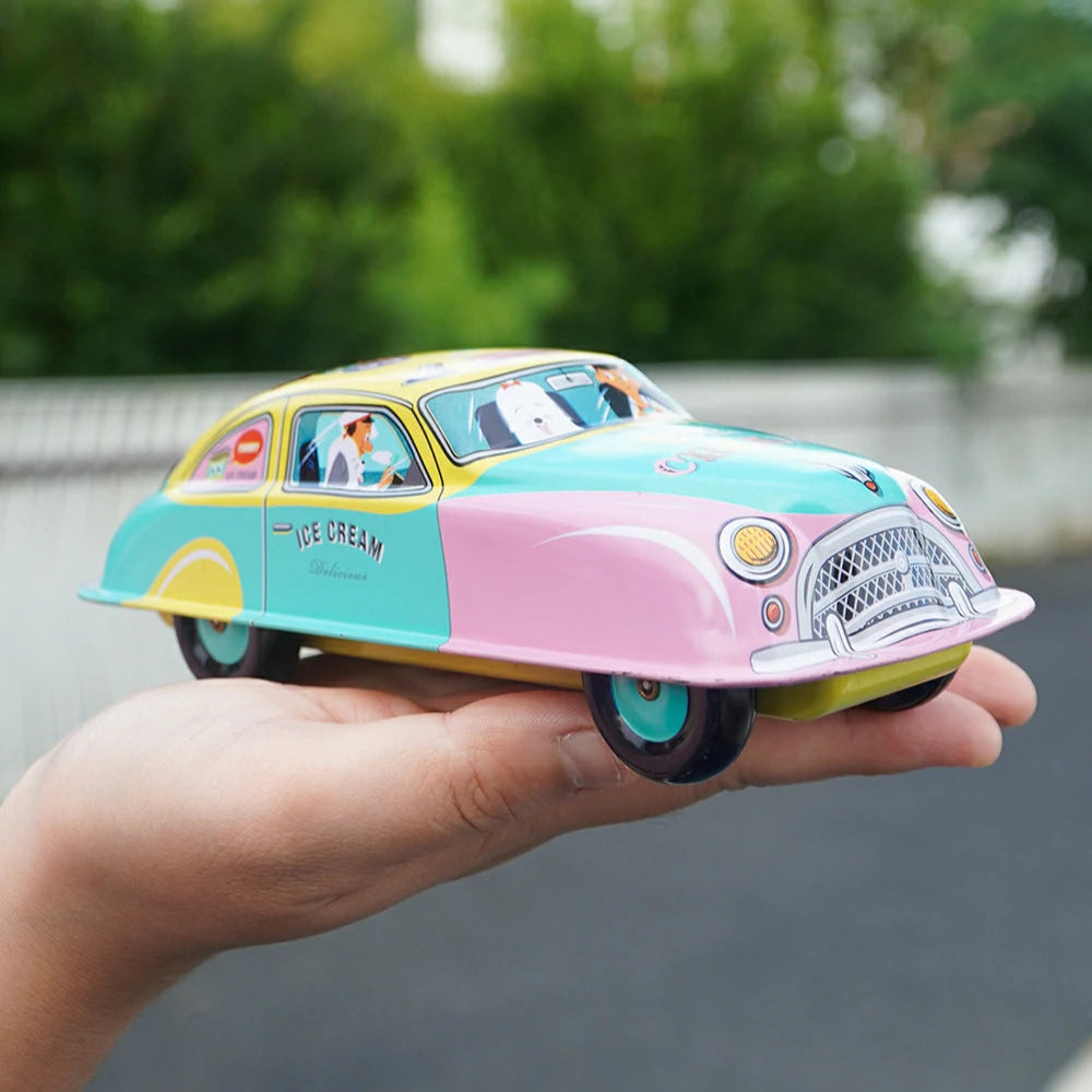 Vintage Yellow Wind-Up Tin Car Retro Collectible Toy Model Gift