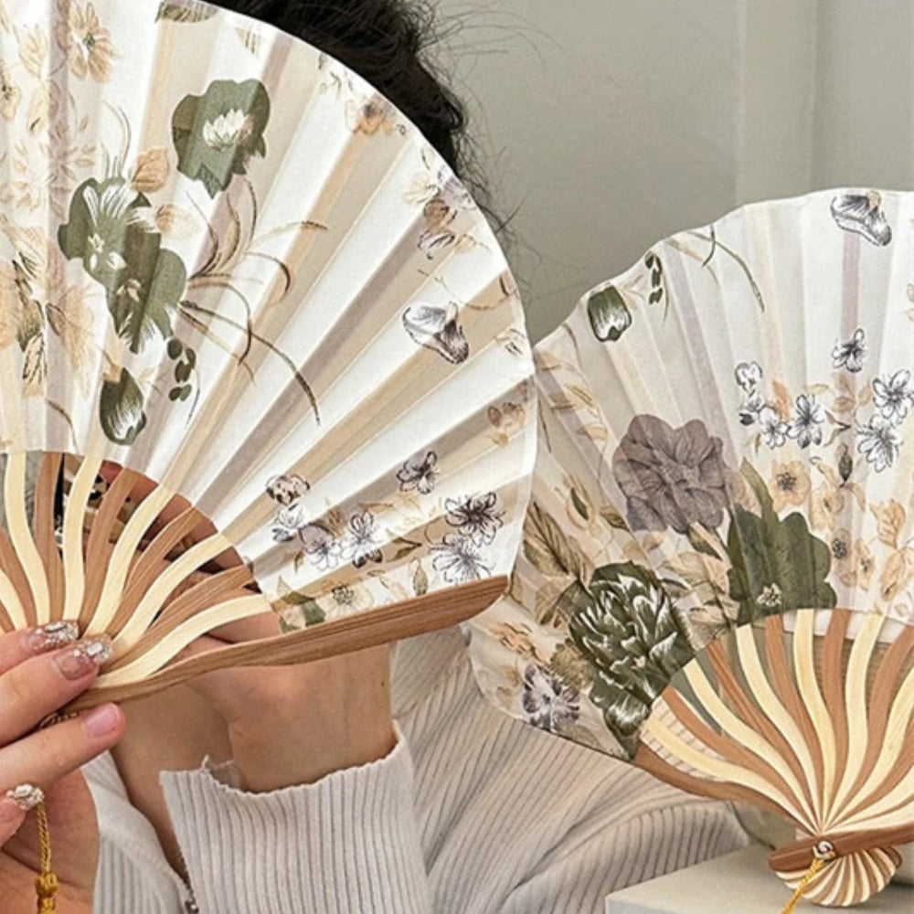 Chinese Floral Folding Hand Fan with Tassel for Wedding Decor