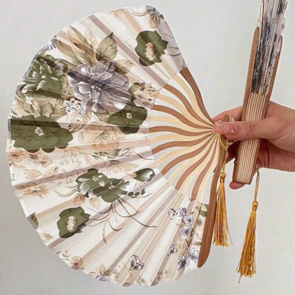 Chinese Floral Folding Hand Fan with Tassel for Wedding Decor