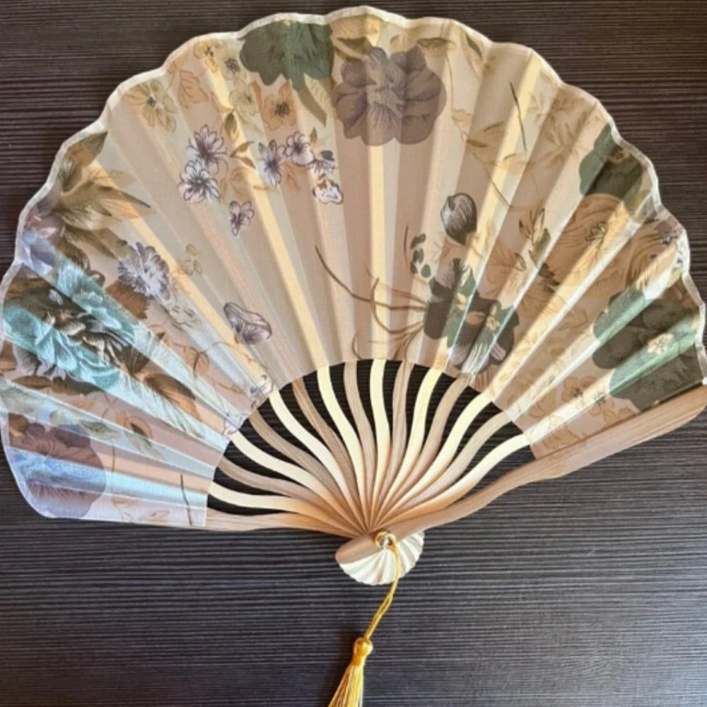 Chinese Floral Folding Hand Fan with Tassel for Wedding Decor