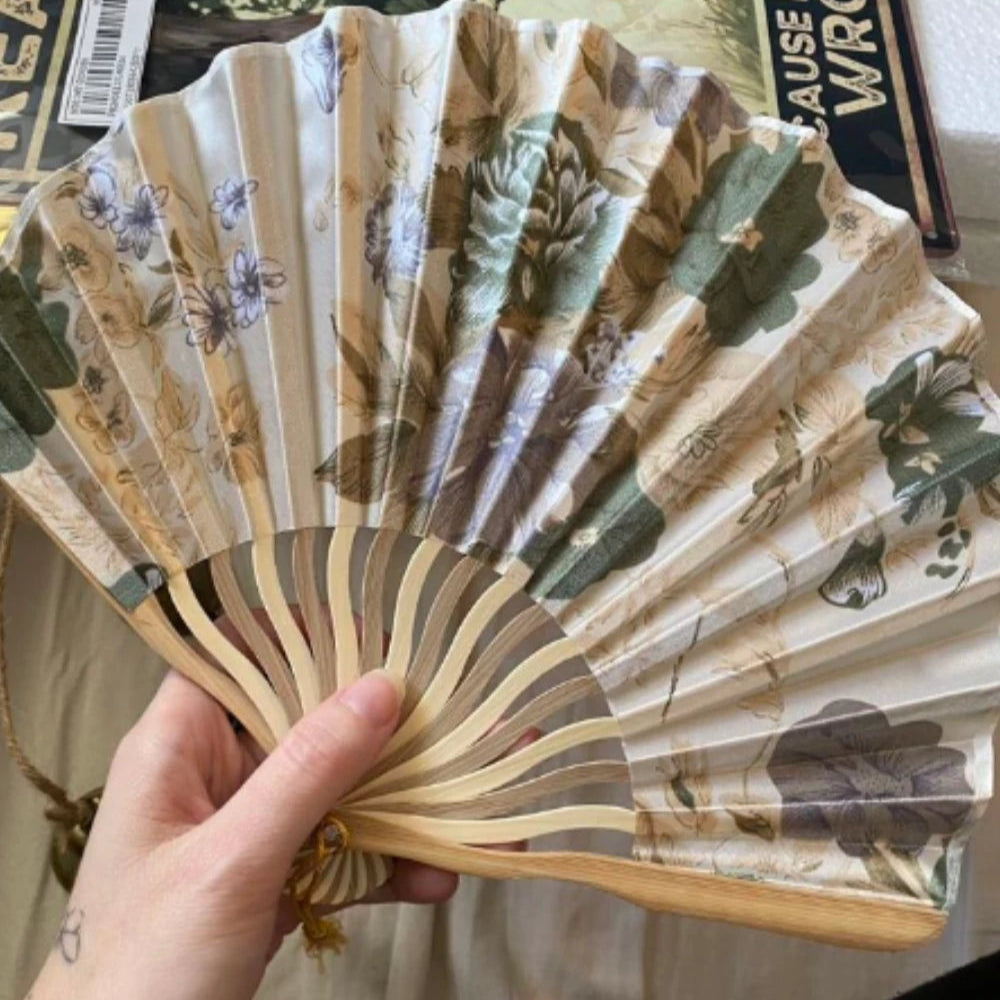 Chinese Floral Folding Hand Fan with Tassel for Wedding Decor