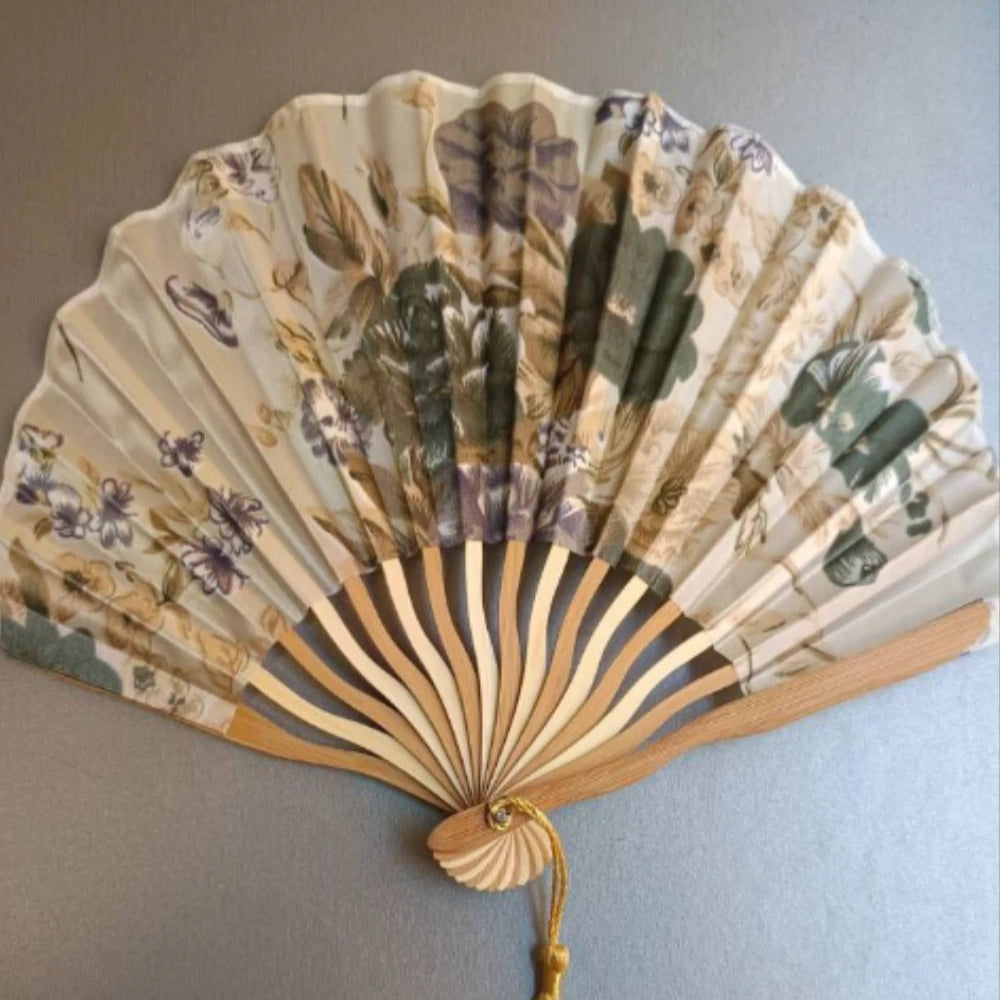 Chinese Floral Folding Hand Fan with Tassel for Wedding Decor