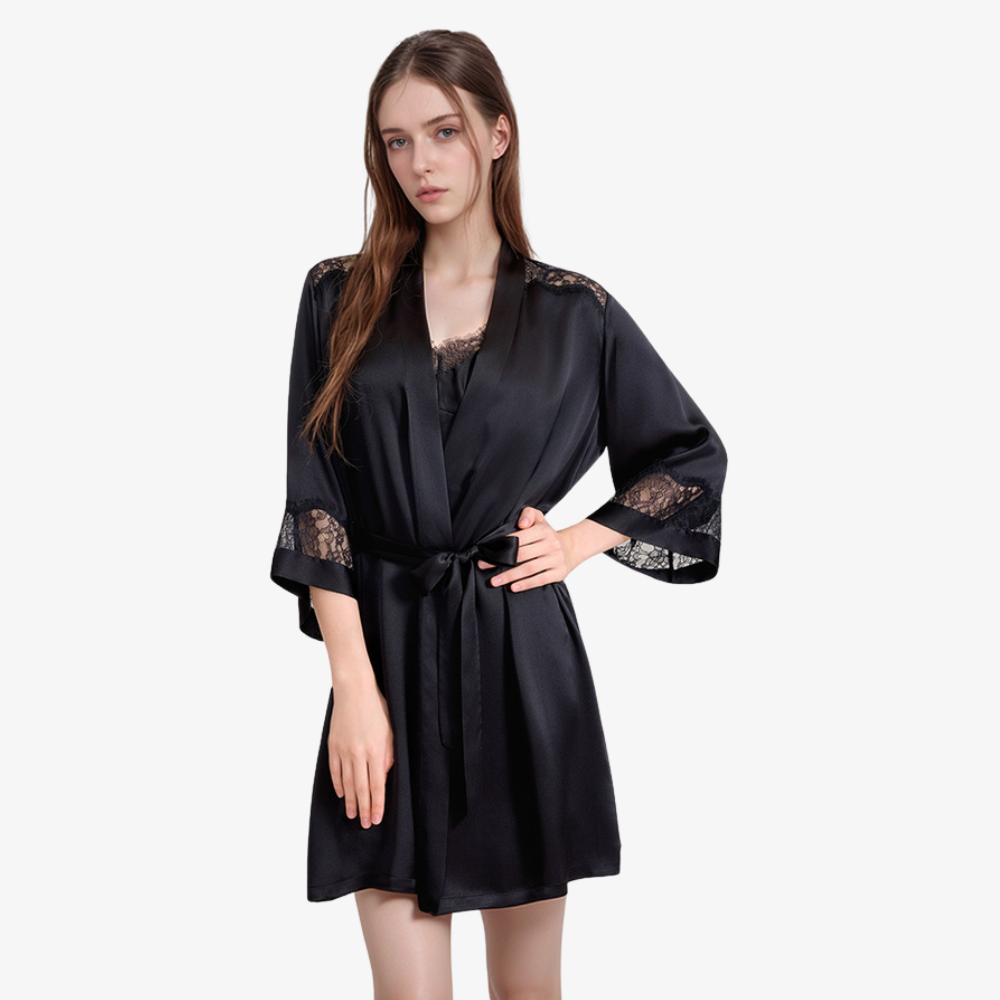 16 Momme 100% Mulberry Silk Lace Robe with Built-In Bra Cups Set