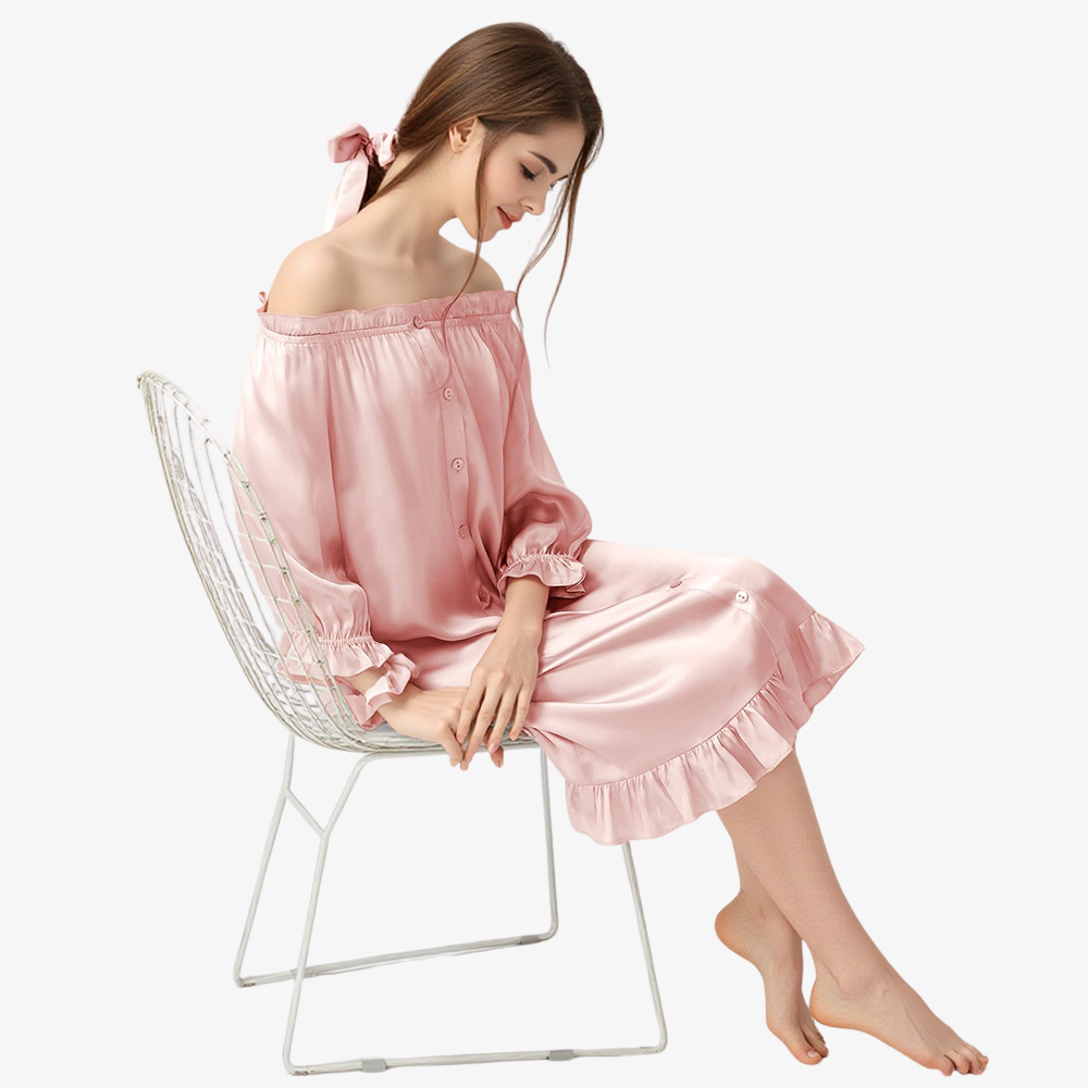 16 Momme 100% Mulberry Silk Off-Shoulder French Puff-Sleeve Nightgown