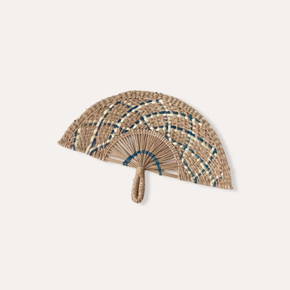 Natural Blue Woven Straw Hand Fan Eco Friendly Summer Cooling Gift