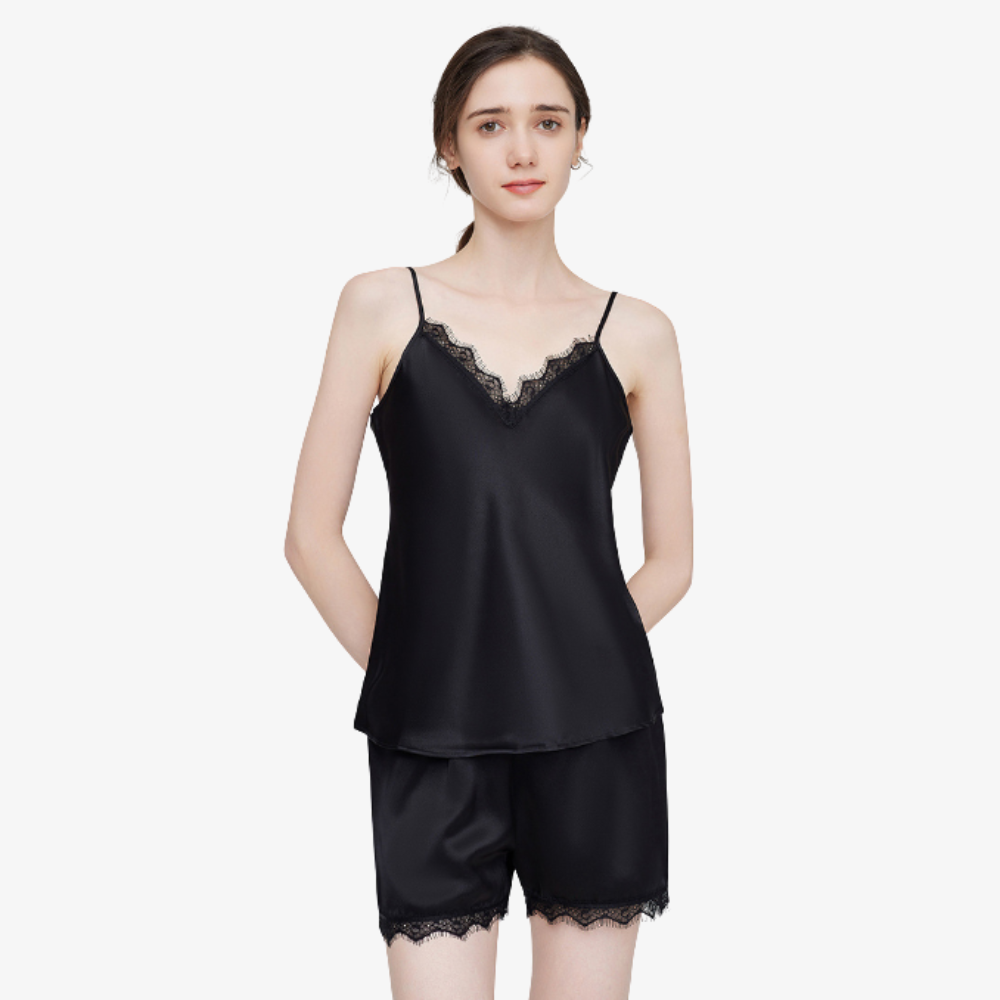 19 Momme 100% Mulberry Silk Lace-Trimmed Cami Pajama Set