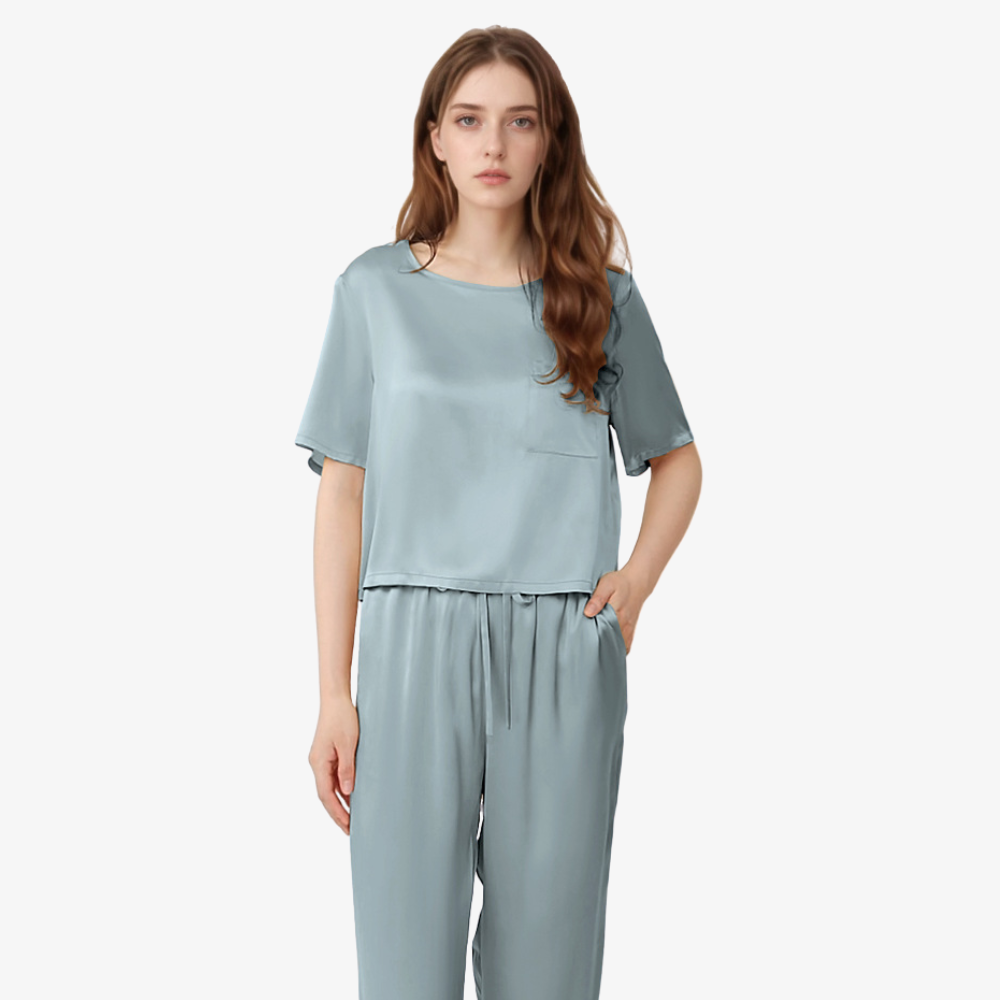16 Momme 100% Mulberry Silk Short-Sleeve Top & Long Pants Pajama Set