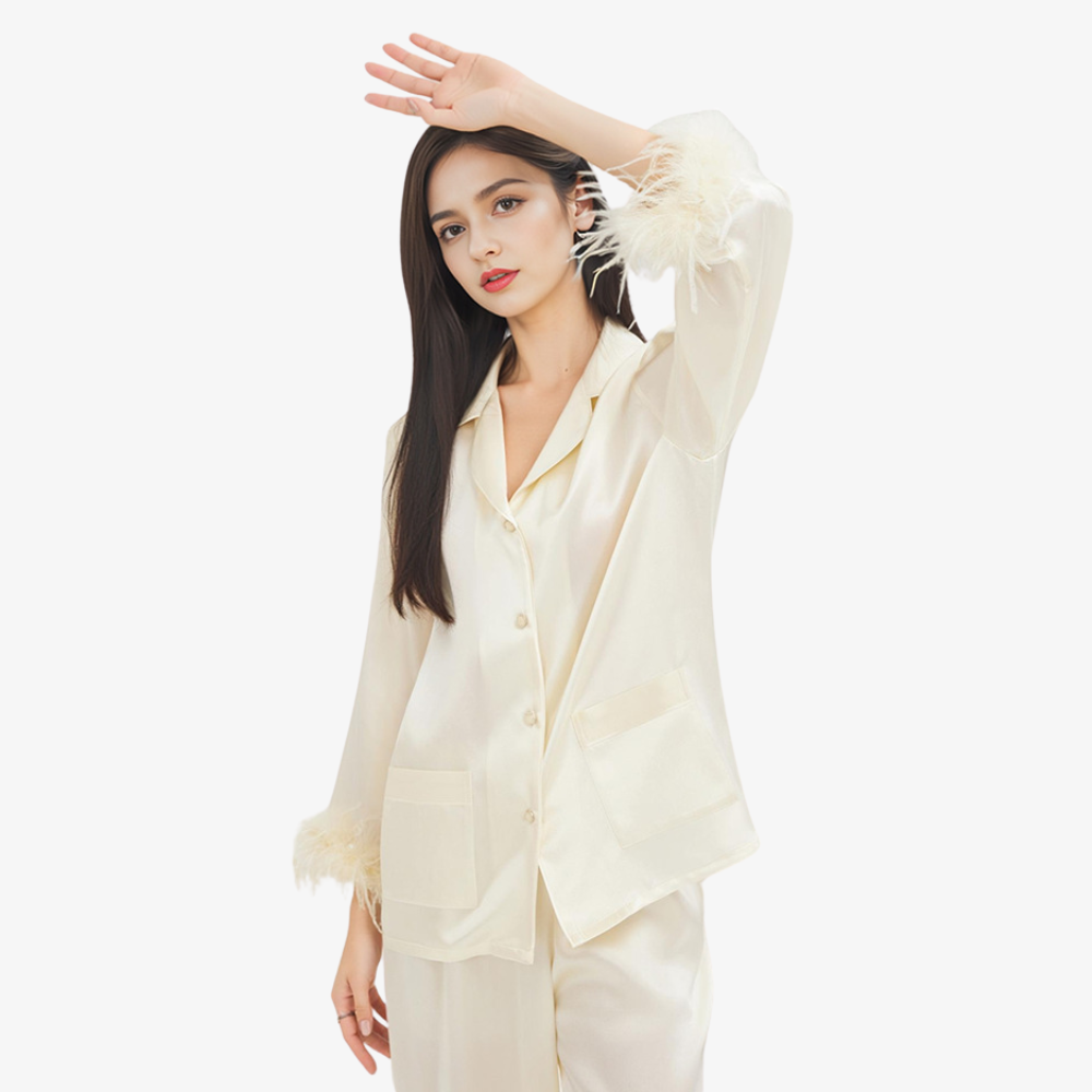 19 Momme 100% Mulberry Silk Feather-Trim Pajama Set