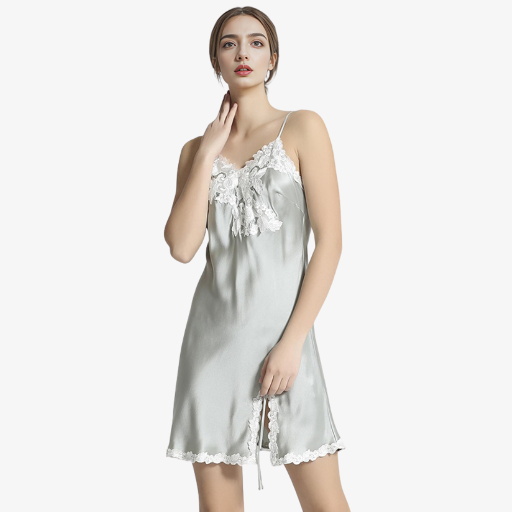 19 Momme 100% Mulberry Silk Lace Backless Slit Nightgown