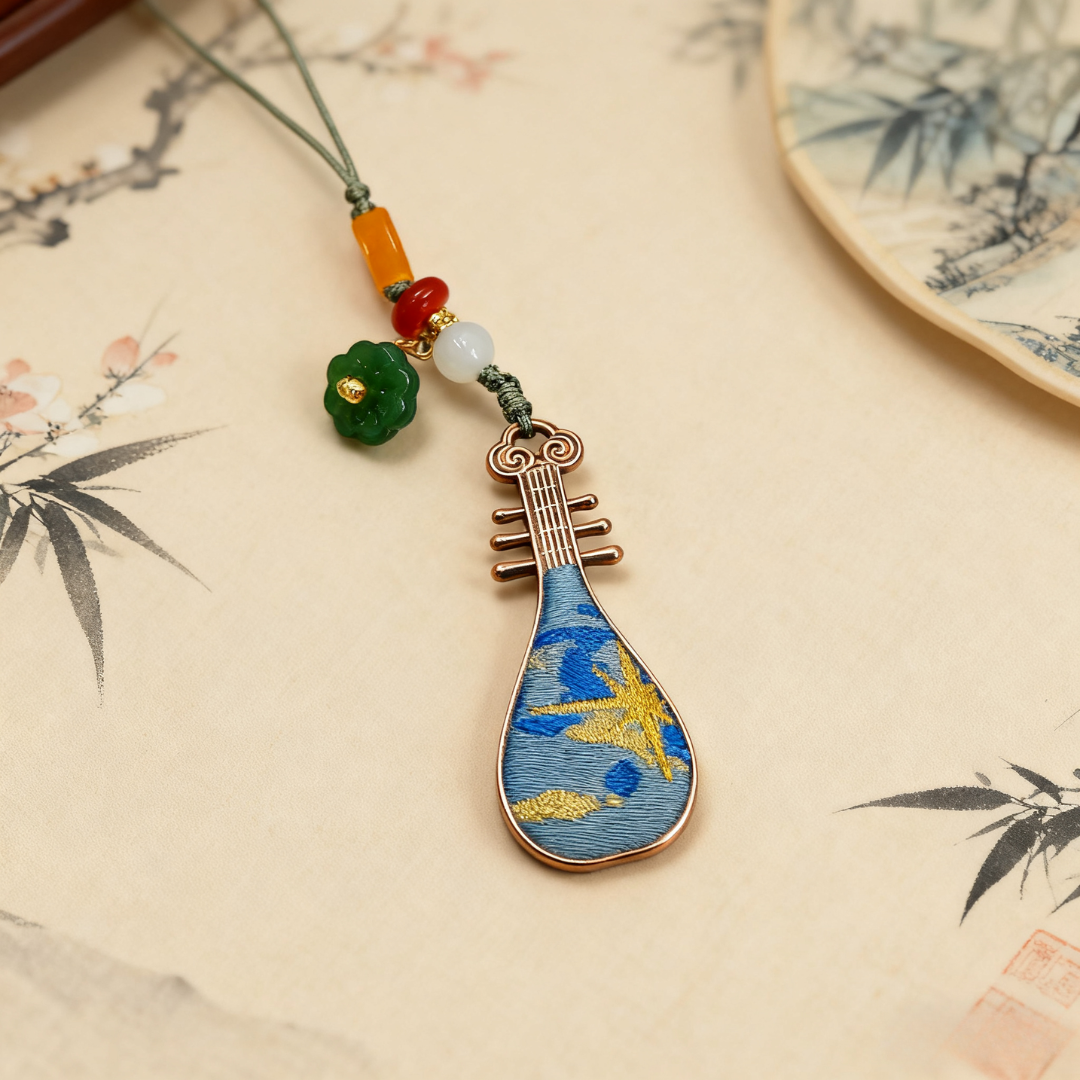 Song Brocade Pipa Charm Blue Mulberry Silk Pendant