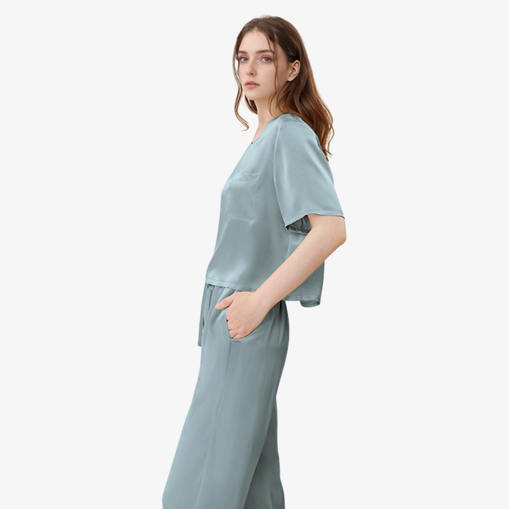 16 Momme 100% Mulberry Silk Short-Sleeve Top & Long Pants Pajama Set