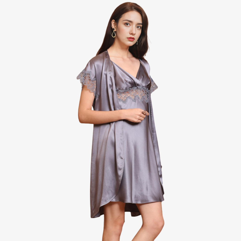 19 Momme 100% Mulberry Silk Camisole Short Nightgown & Robe Set