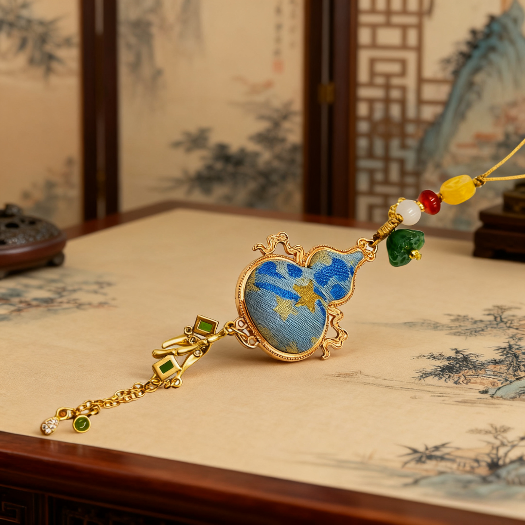 Song Brocade Mini Gourd Charm Blue Mulberry Silk Pendant