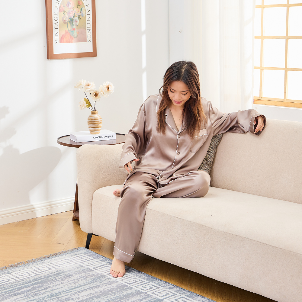 Brown 100% Mulberry Silk Pajama & Loungewear Set
