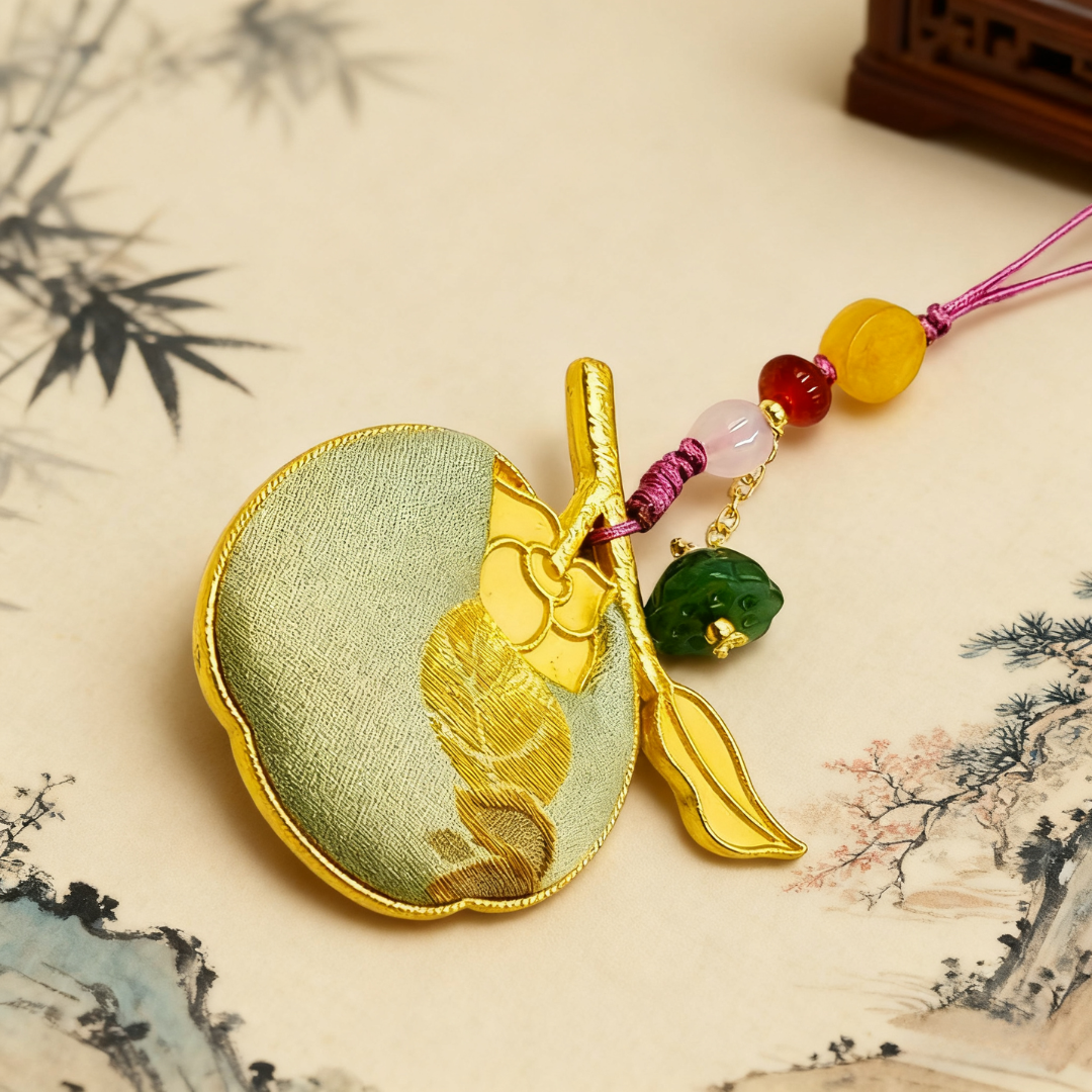 Song Brocade Apple Charm Golden Green Mulberry Silk Pendant