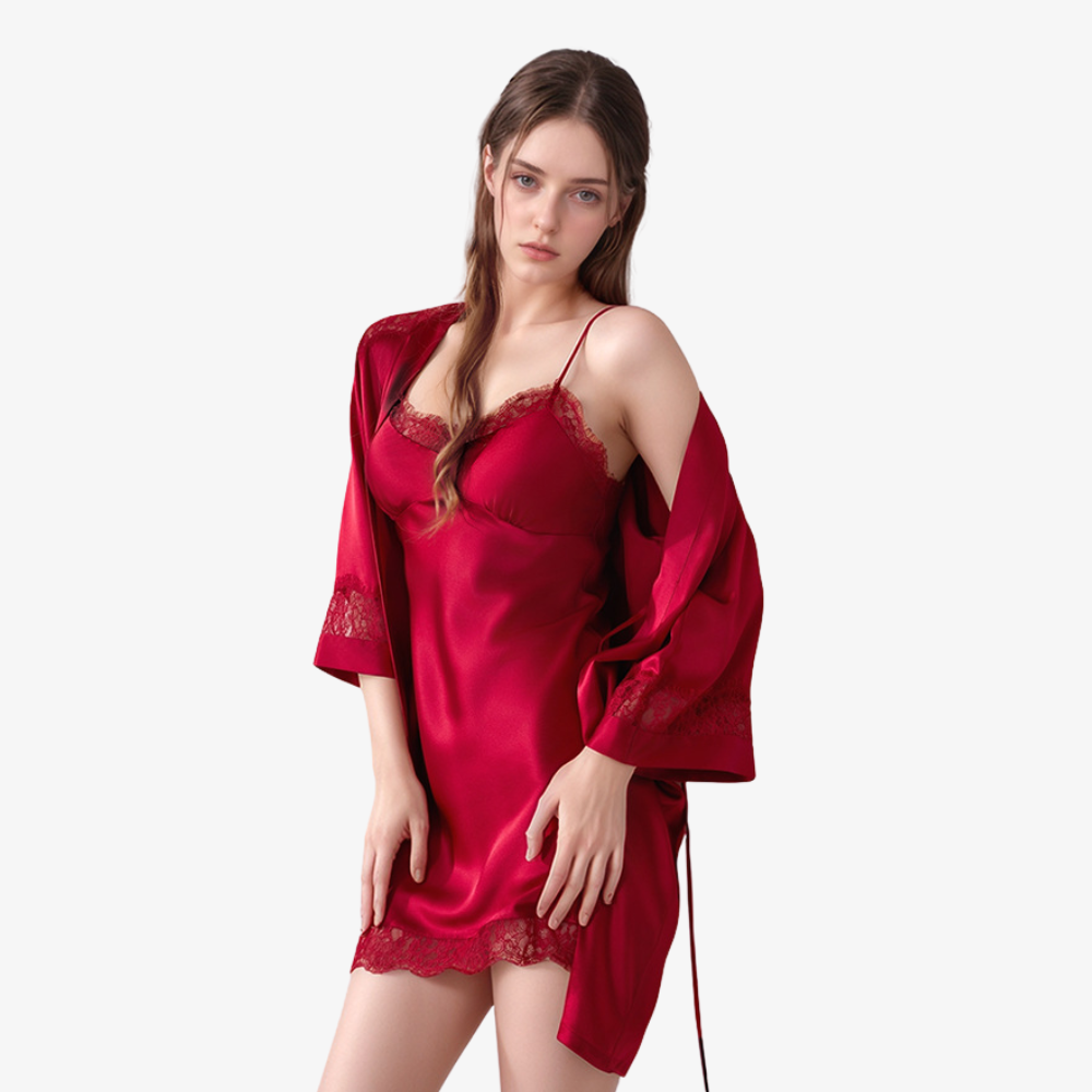 16 Momme 100% Mulberry Silk Lace Robe with Built-In Bra Cups Set