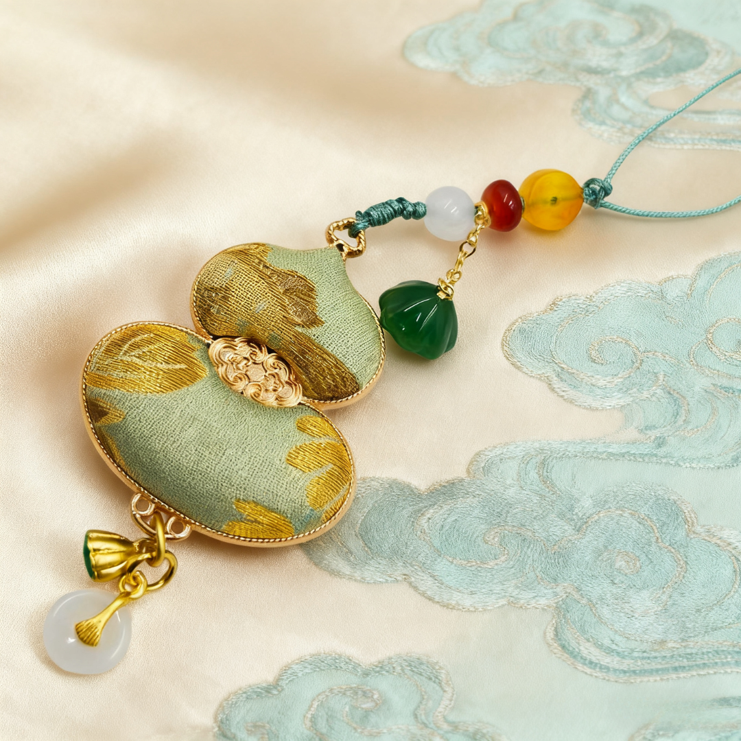 Song Brocade Gourd Charm Golden Green Mulberry Silk Pendant