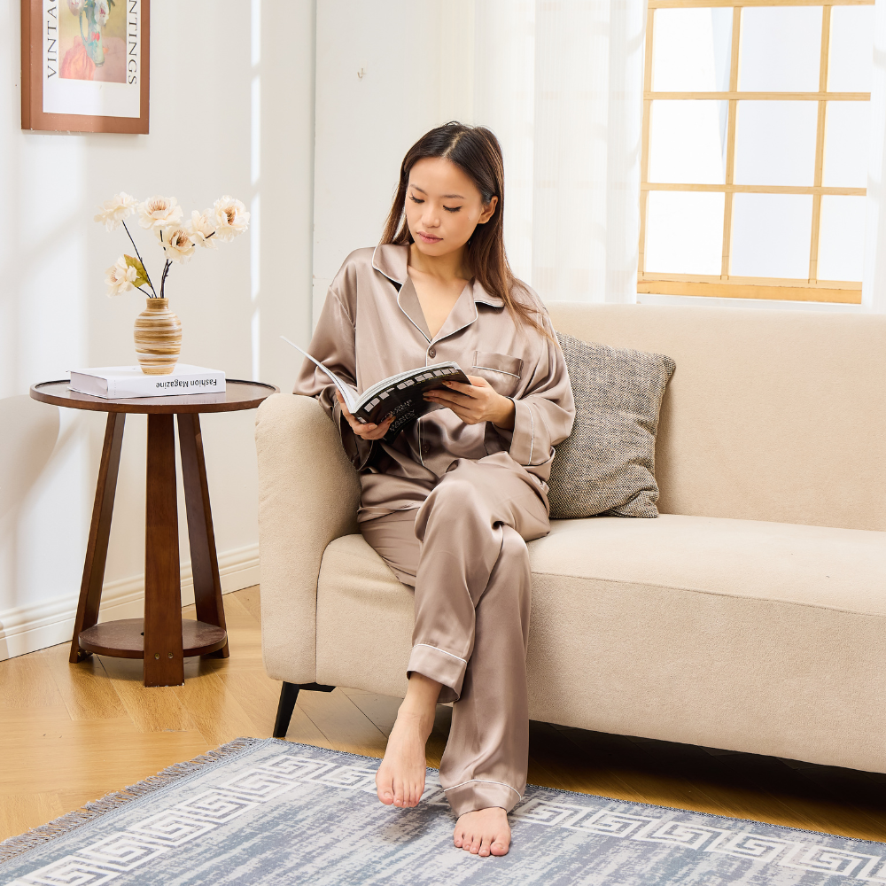 Brown 100% Mulberry Silk Pajama & Loungewear Set
