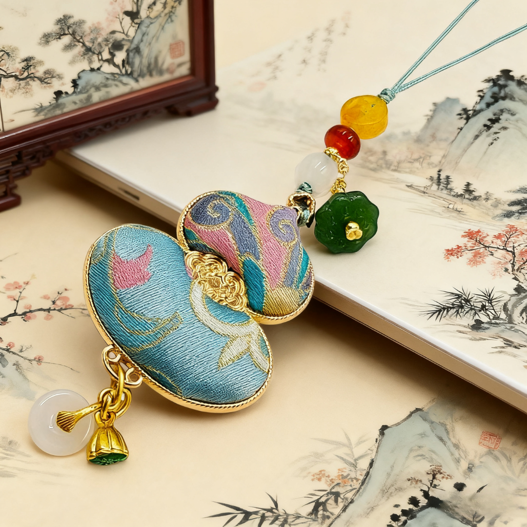 Song Brocade Gourd Charm Blue Pink Mulberry Silk Pendant