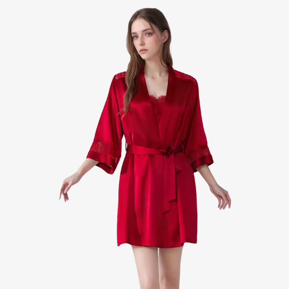 16 Momme 100% Mulberry Silk Lace Robe with Built-In Bra Cups Set