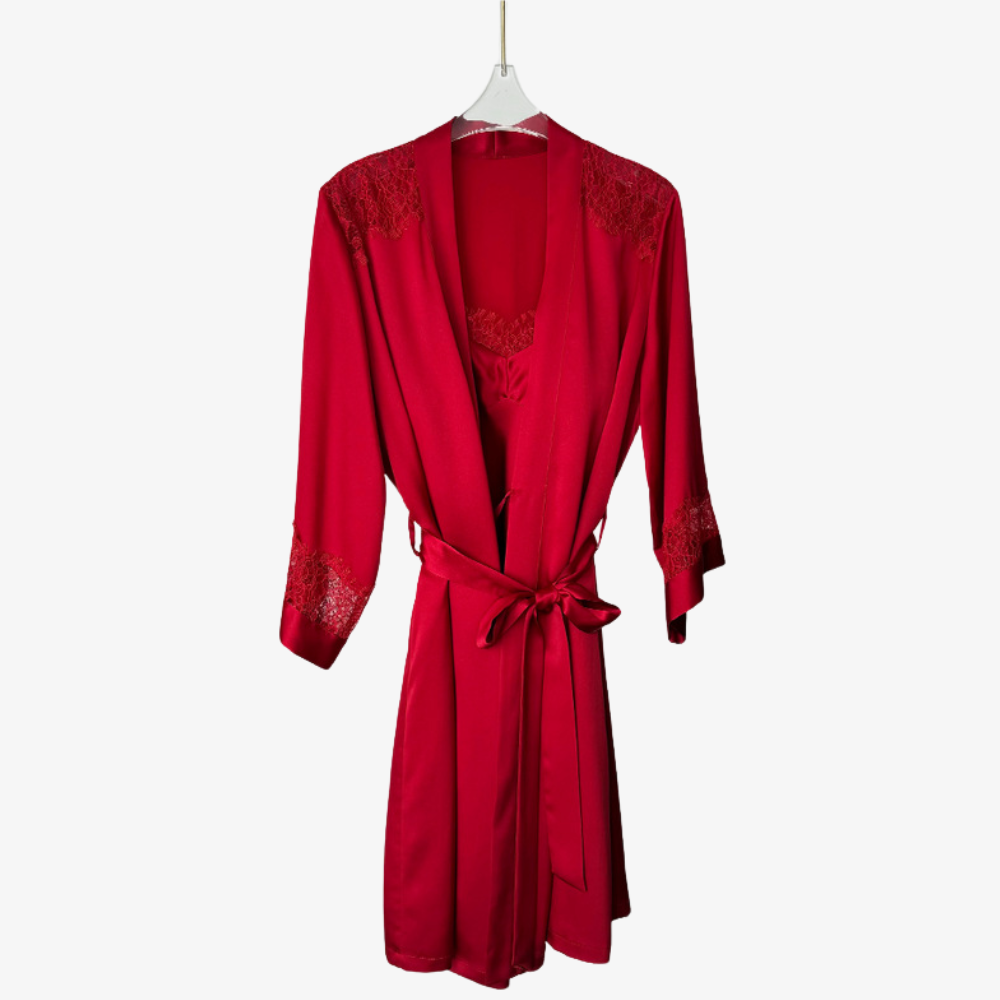 16 Momme 100% Mulberry Silk Lace Robe with Built-In Bra Cups Set