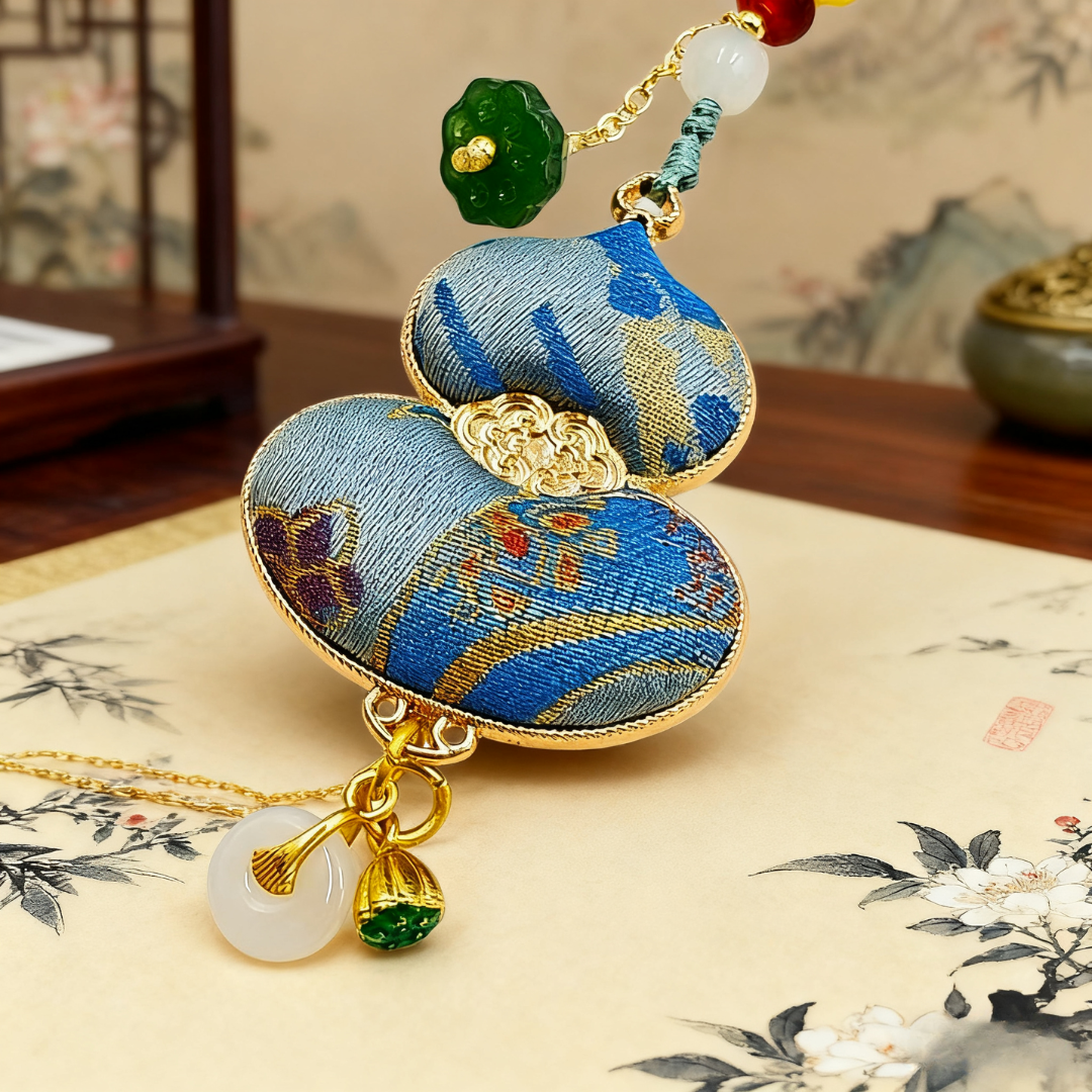 Song Brocade Gourd Charm Dark Blue Mulberry Silk Pendant
