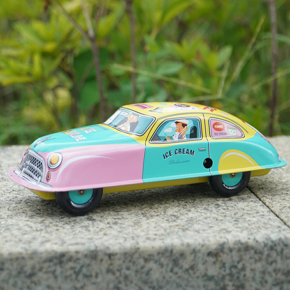 Vintage Yellow Wind-Up Tin Car Retro Collectible Toy Model Gift