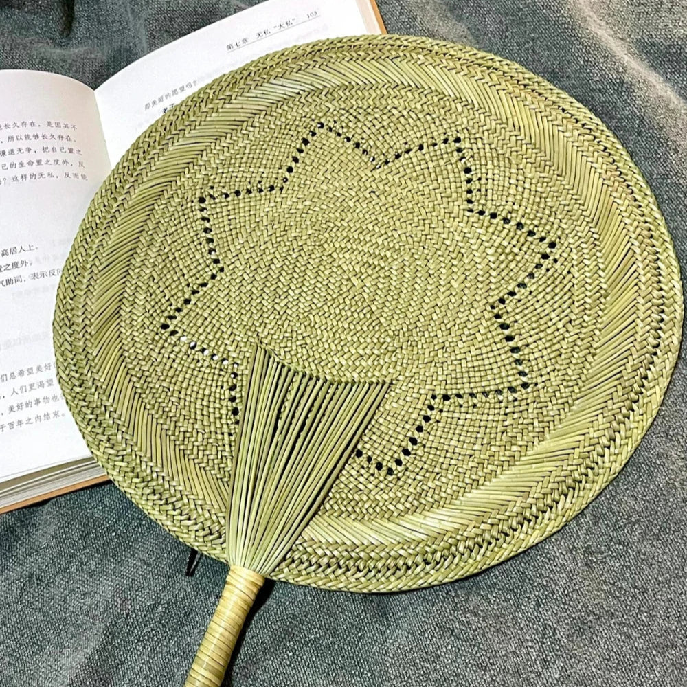 Natural Hand Fan Bamboo Rush Traditional Weaving Large Size Eco Cooling