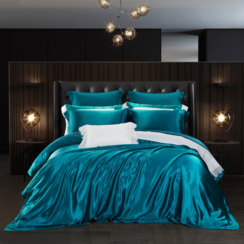 19 Momme 100% Mulberry Silk Peacock Blue Bedding Set