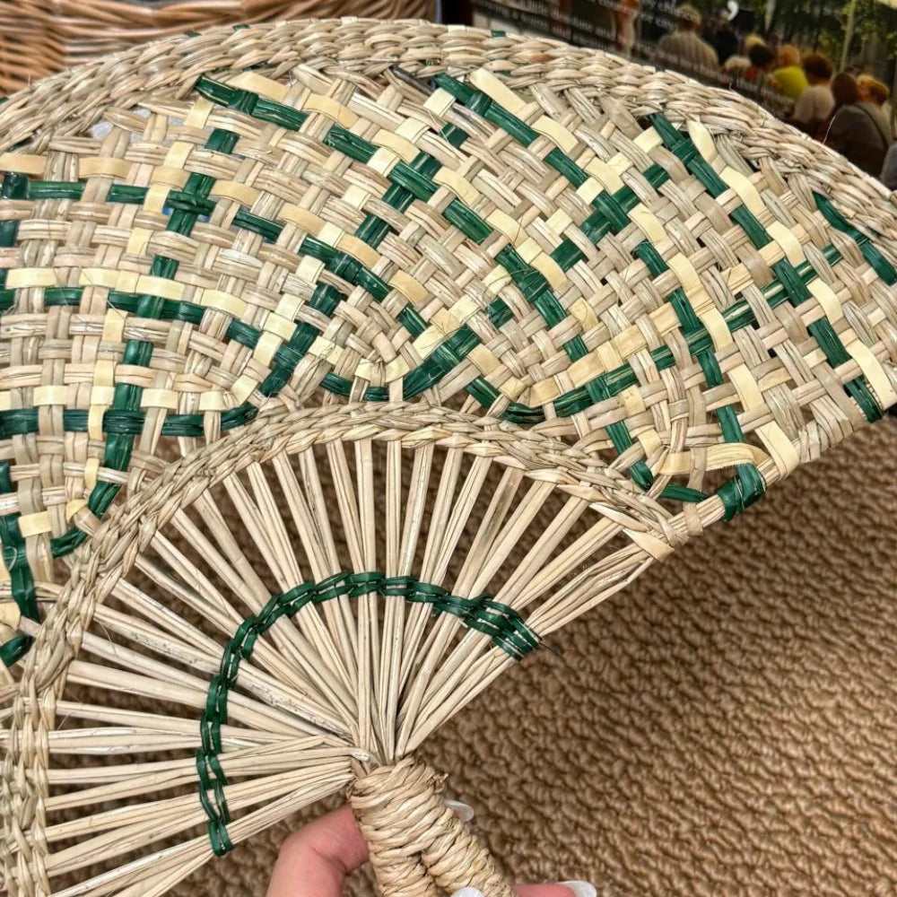 Natural Blue Woven Straw Hand Fan Eco Friendly Summer Cooling Gift