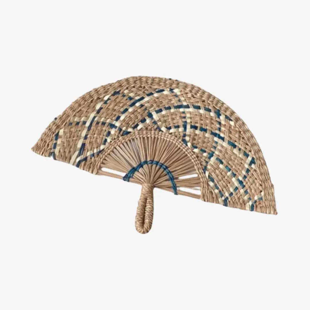 Natural Blue Woven Straw Hand Fan Eco Friendly Summer Cooling Gift