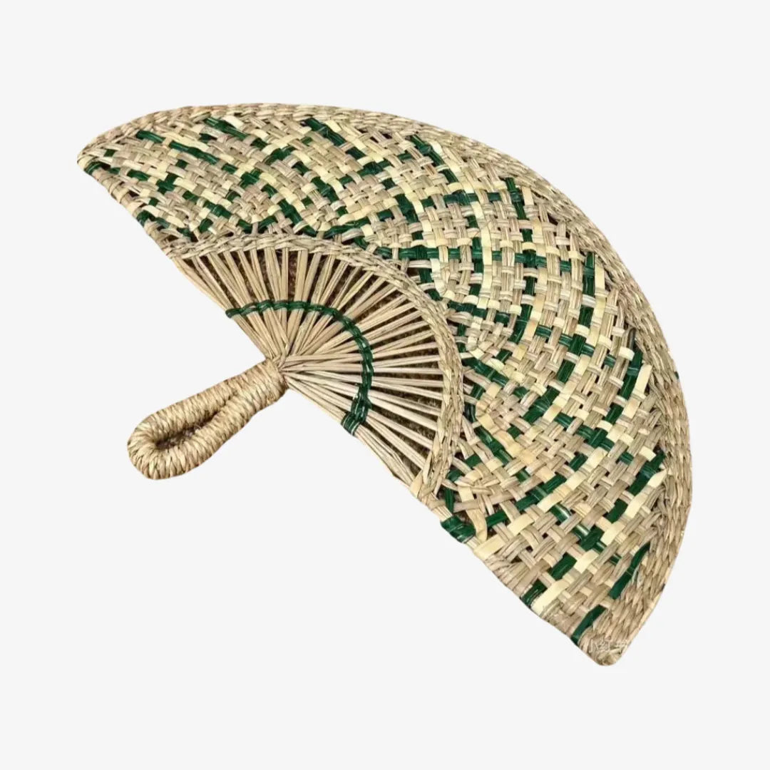 Natural Blue Woven Straw Hand Fan Eco Friendly Summer Cooling Gift