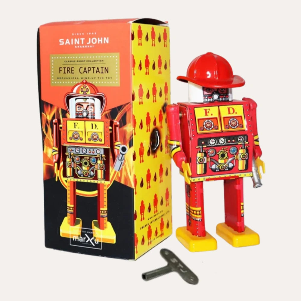 Vintage Fire Captain Tin Wind Up Robot Classic Collectible Gift for Adults