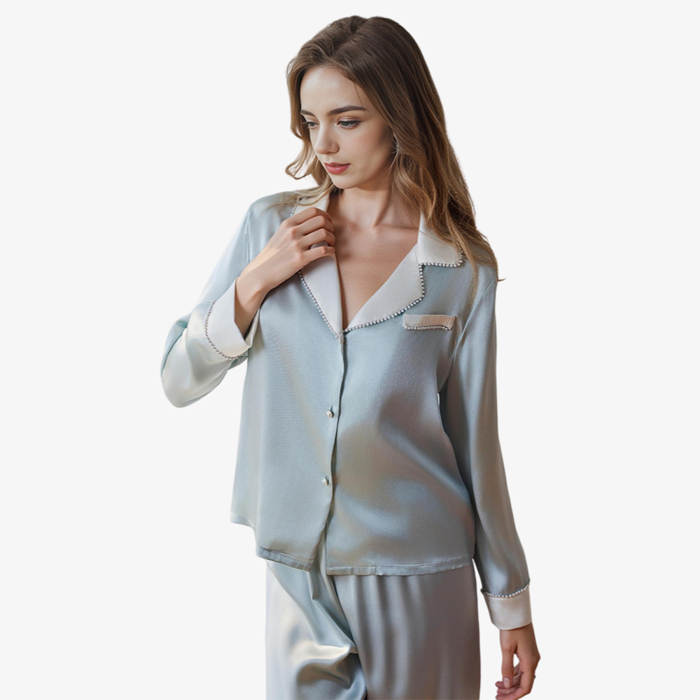 19 Momme 100% Mulberry Silk Color-Blocked Pearl Pajama Set