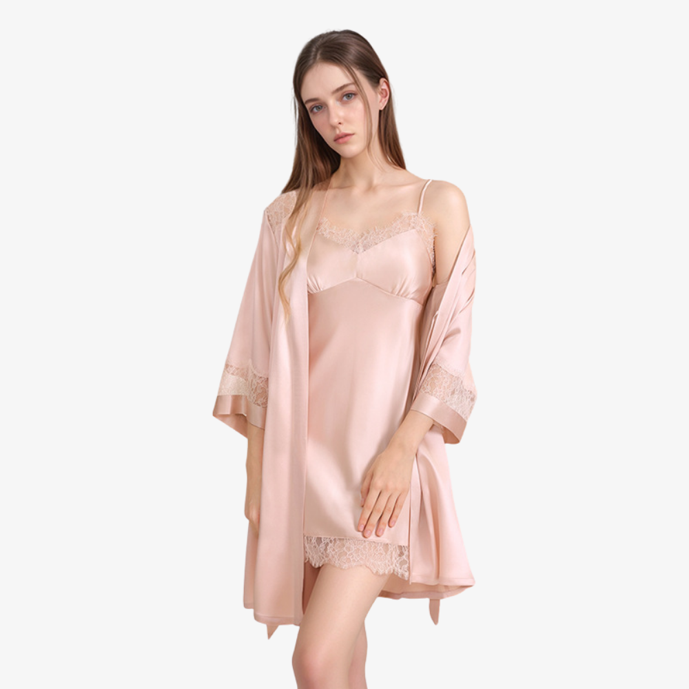 16 Momme 100% Mulberry Silk Lace Robe with Built-In Bra Cups Set