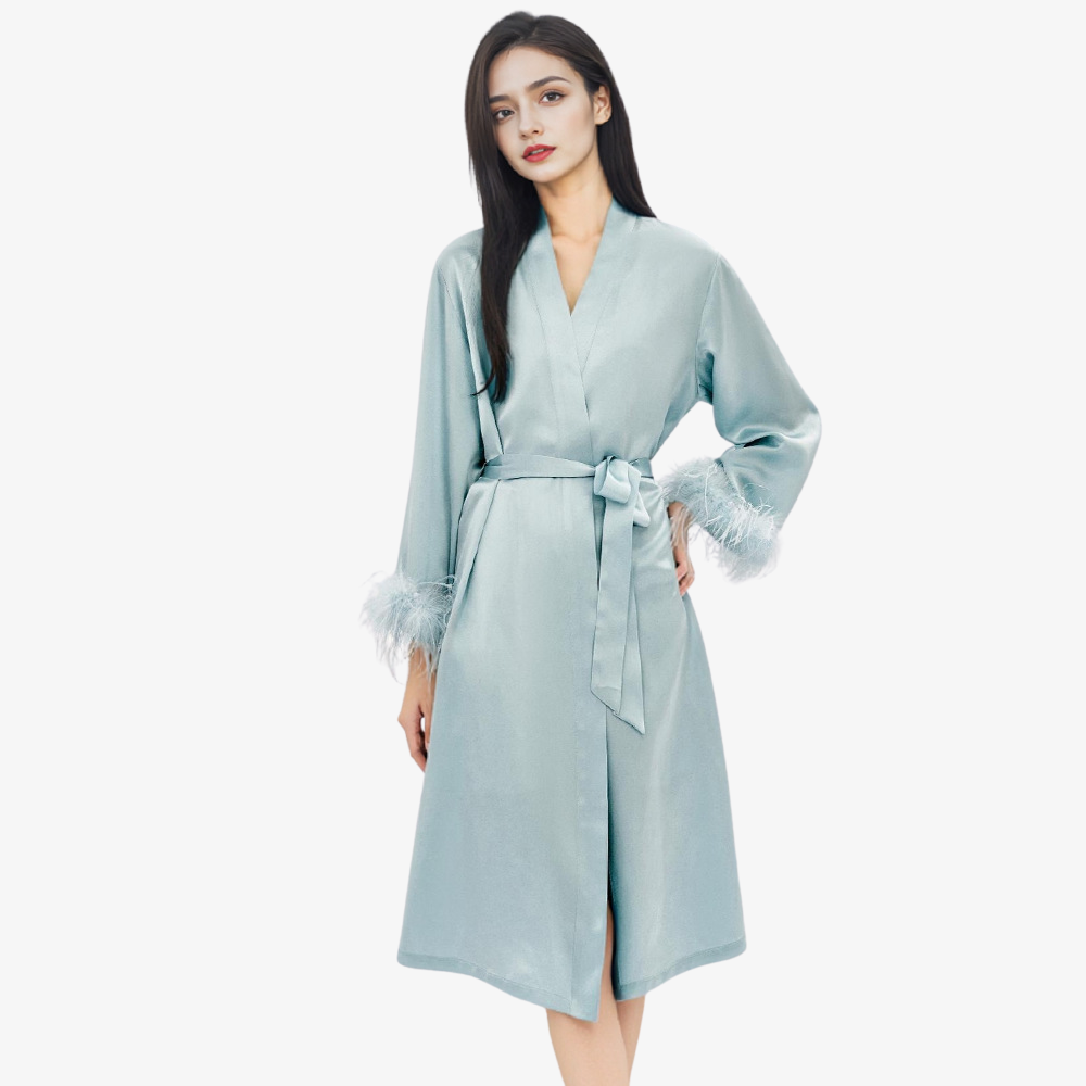 19 Momme 100% Mulberry Silk Feather Trim Robe