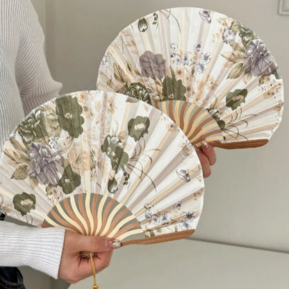 Chinese Floral Folding Hand Fan with Tassel for Wedding Decor