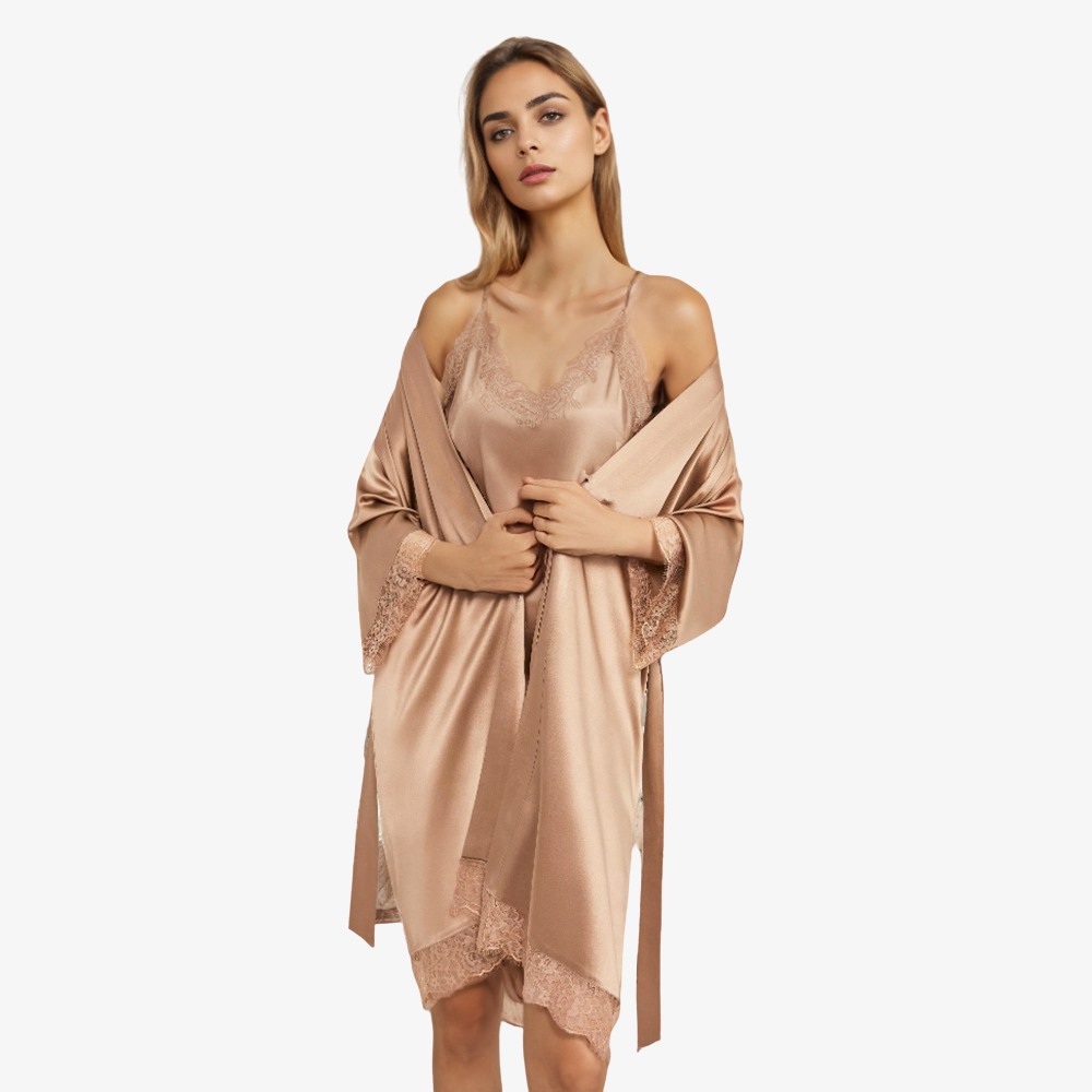 19 Momme 100% Mulberry Silk Lace Camisole & Robe Set