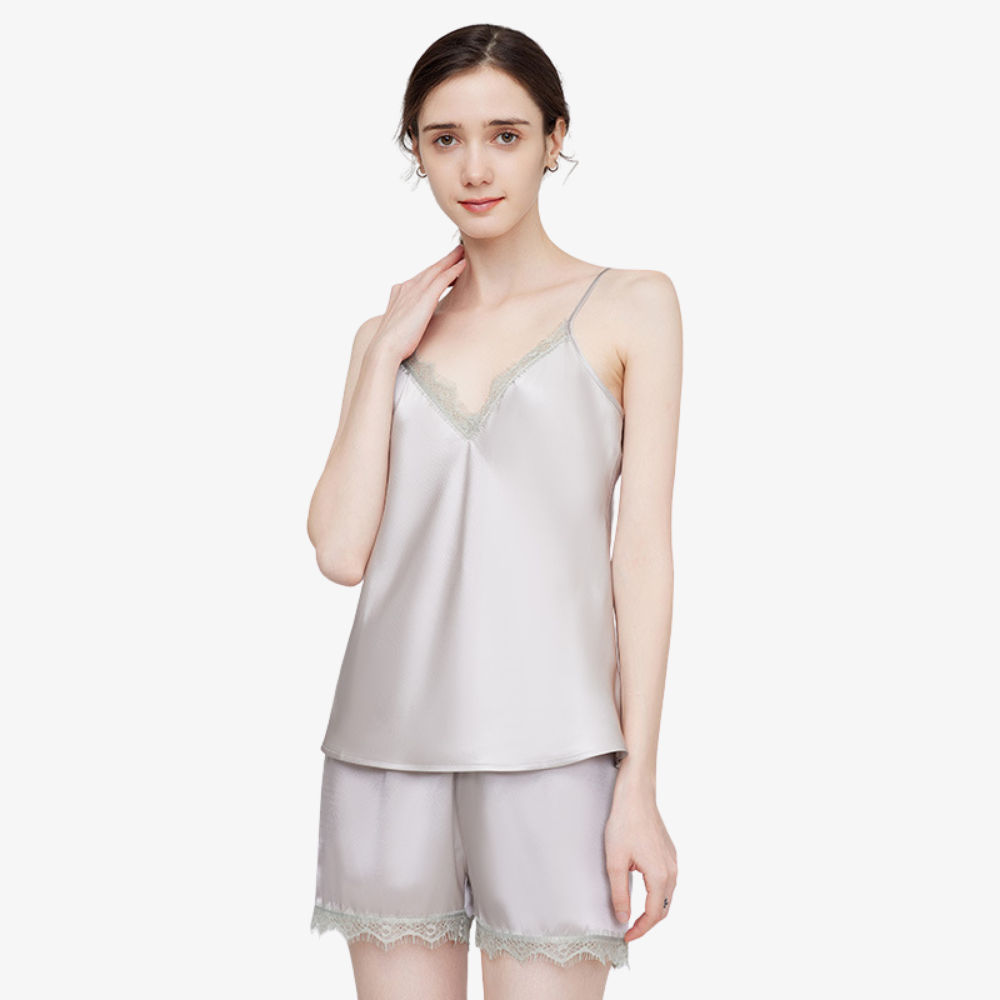 19 Momme 100% Mulberry Silk Lace-Trimmed Cami Pajama Set