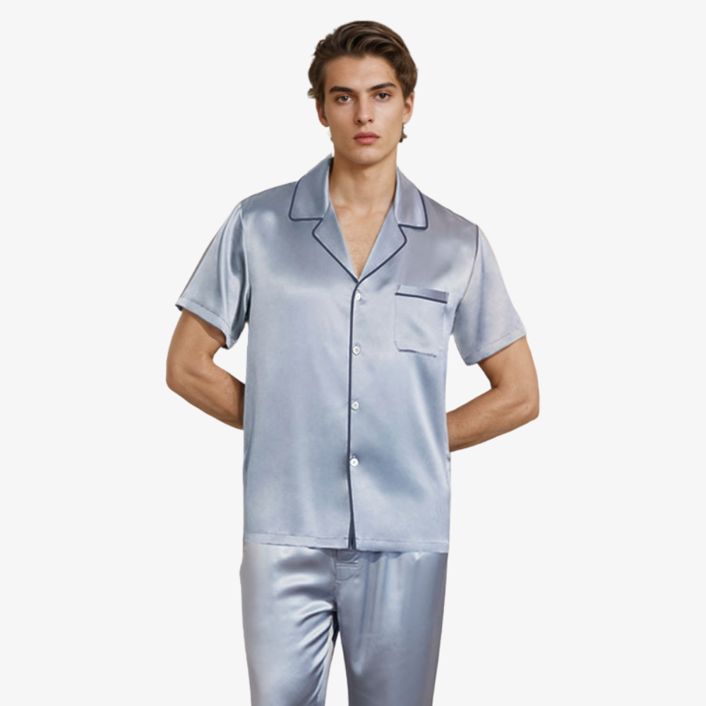 19 Momme 100% Mulberry Silk Men’s Short-Sleeve Long Pants Pajama Set