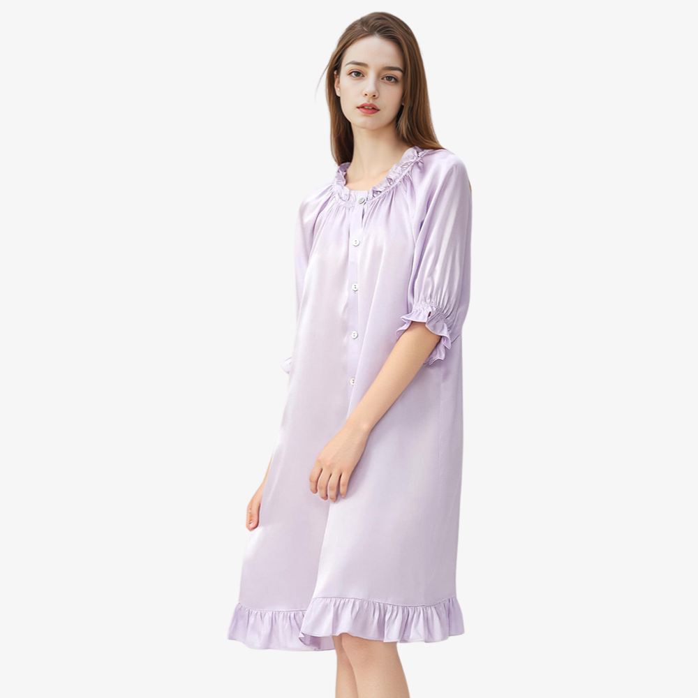16 Momme 100% Mulberry Silk Off-Shoulder French Puff-Sleeve Nightgown