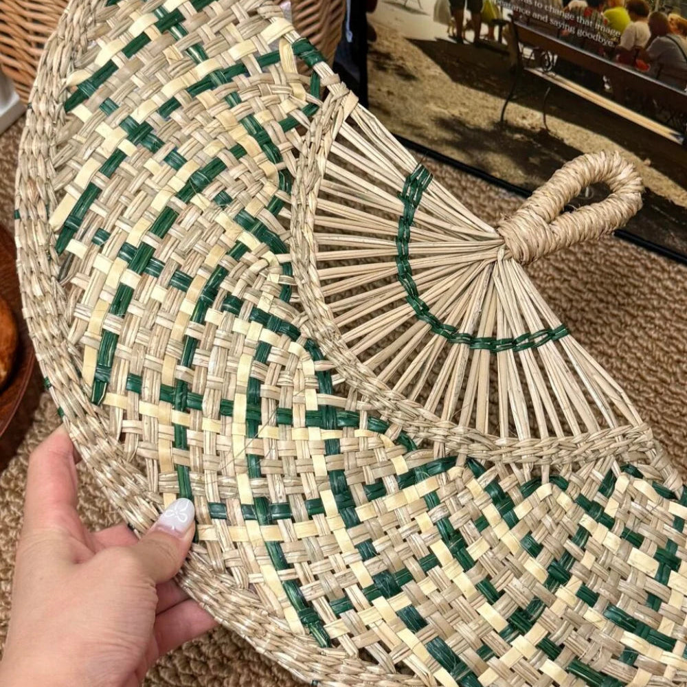 Natural Blue Woven Straw Hand Fan Eco Friendly Summer Cooling Gift