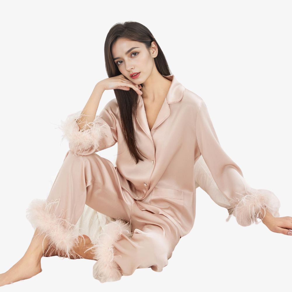 19 Momme 100% Mulberry Silk Feather-Trim Pajama Set