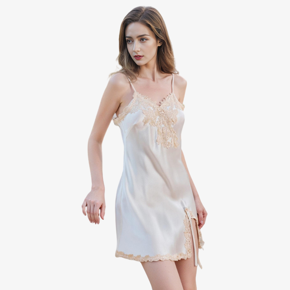 19 Momme 100% Mulberry Silk Lace Backless Slit Nightgown