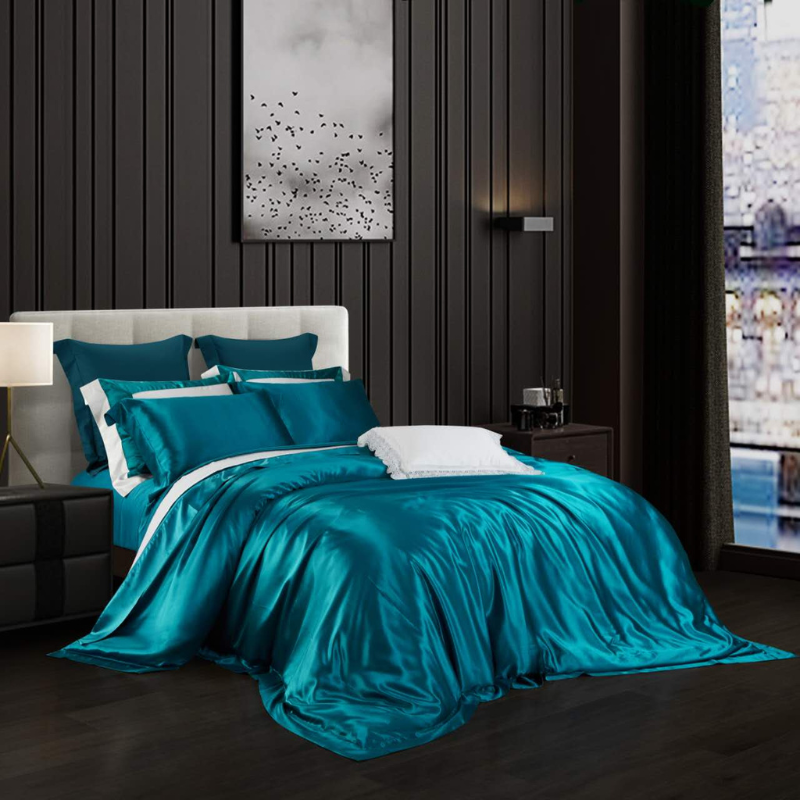 19 Momme 100% Mulberry Silk Peacock Blue Bedding Set