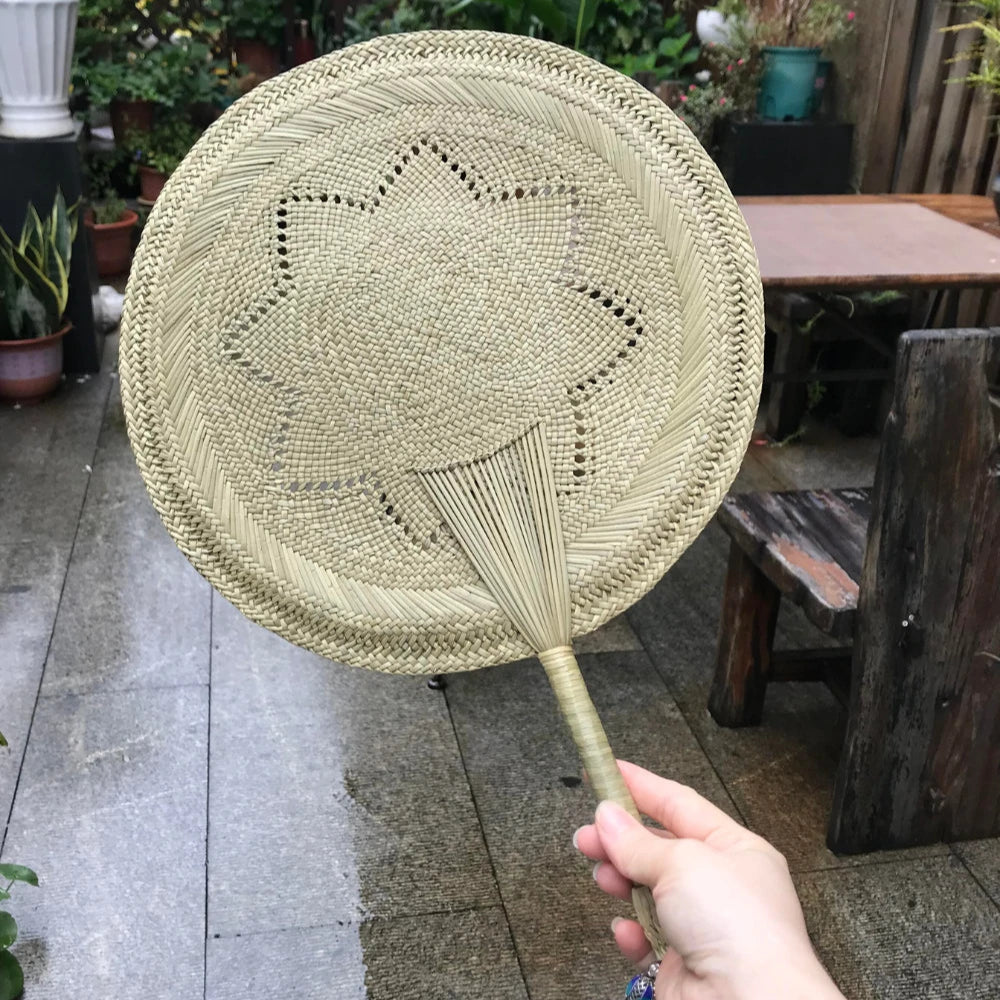 Natural Hand Fan Bamboo Rush Traditional Weaving Large Size Eco Cooling