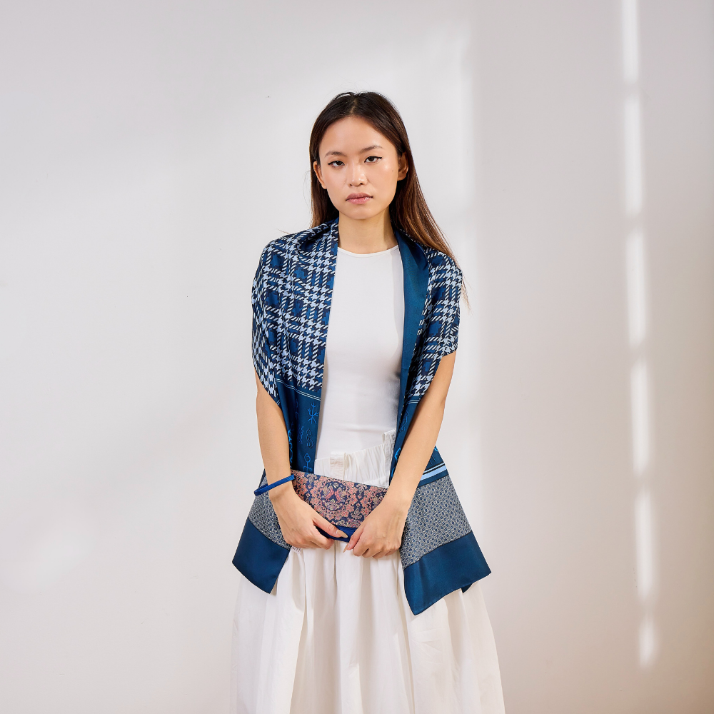 100% Mulberry Silk ‘Blue Mood’ Long Scarf